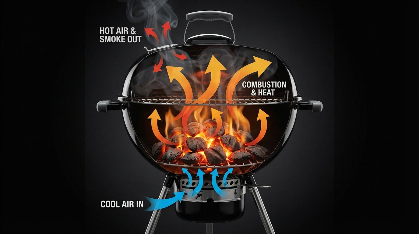 Cutaway diagram showing airflow entering through bottom vents, passing through charcoal bed, and creating combustion zone