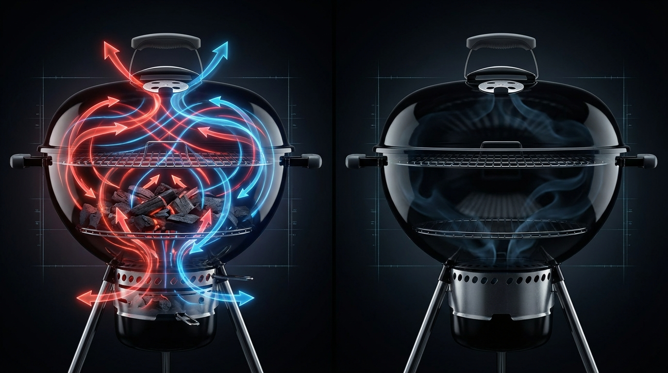 Side-by-side comparison showing airflow patterns with different vent combinations on a kettle grill cross-section