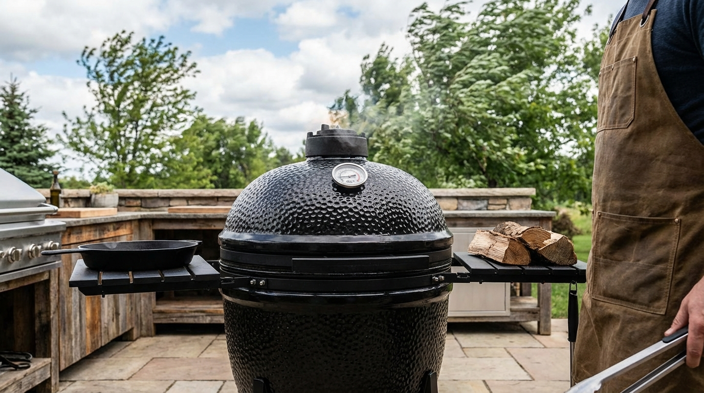 Outdoor kamado grill with thermometer showing temperature fluctuation on a windy day with trees in background