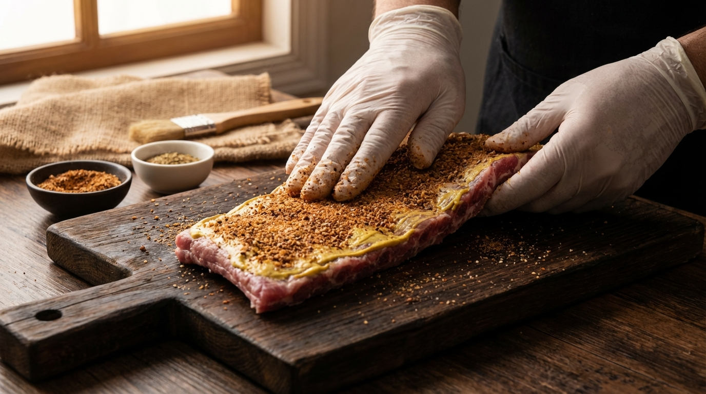 Raw pork spare ribs being seasoned with BBQ rub and mustard binder on dark cutting board