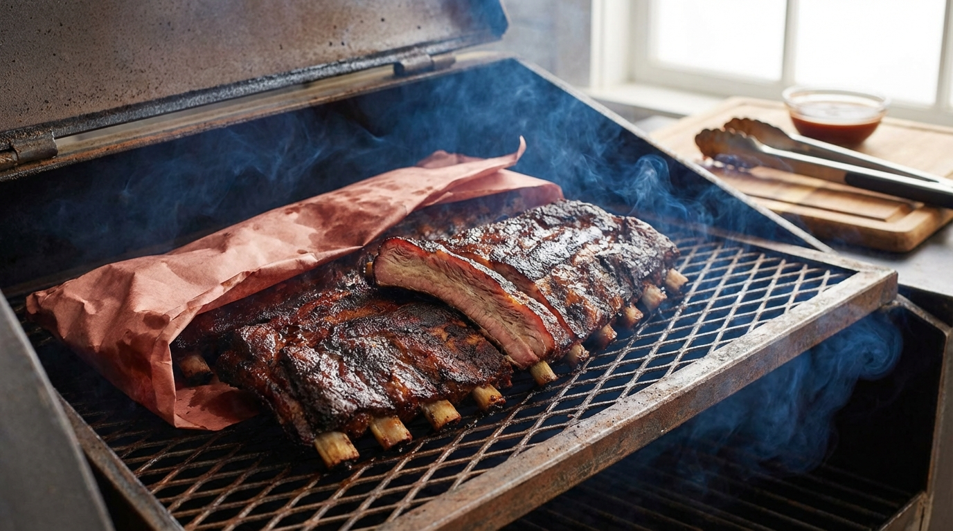 Pork ribs wrapped in butcher paper on smoker grate showing tender meat with bone pullback
