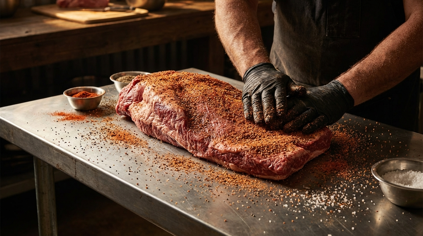 Pitmaster applying coarse dry rub seasoning to a raw beef brisket on a stainless steel prep table