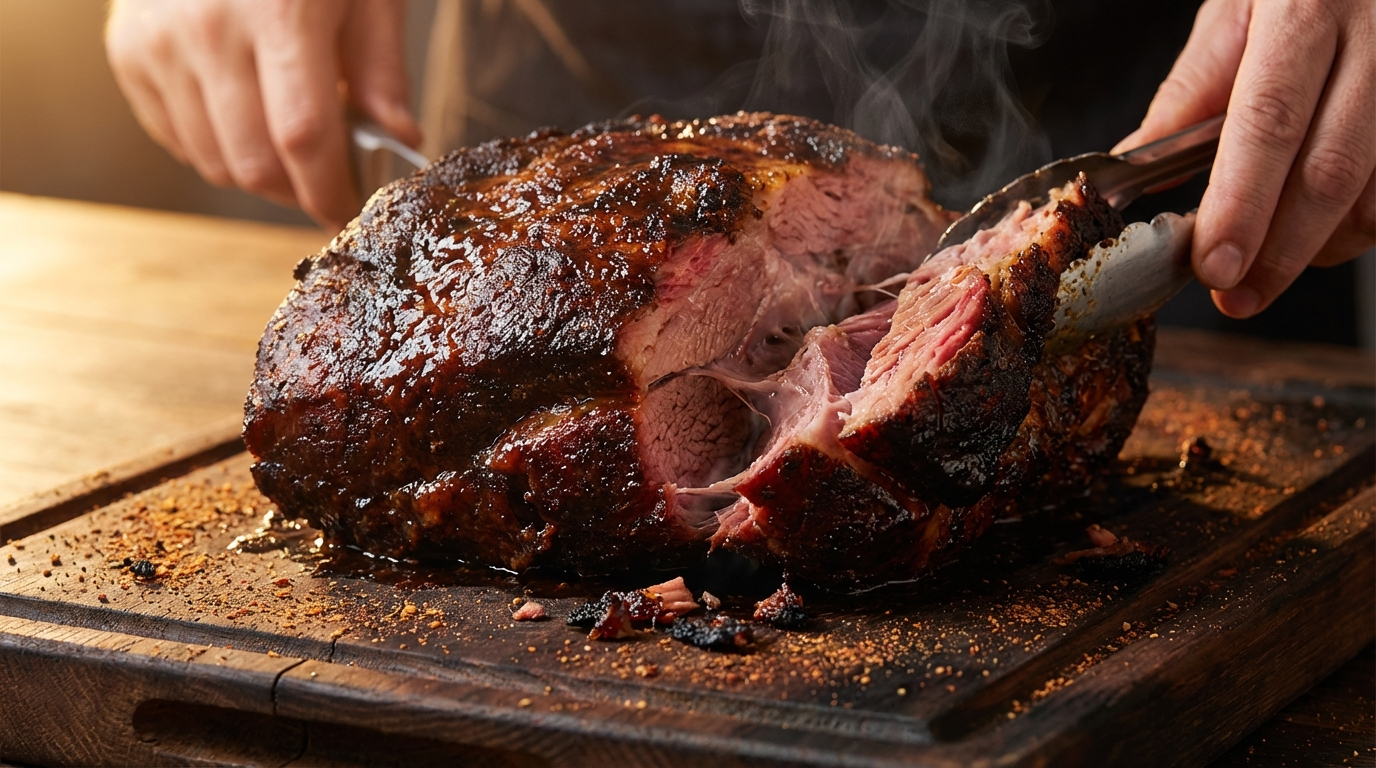 Smoked pork shoulder with glistening dark bark being pulled apart showing juicy tender interior with steam rising