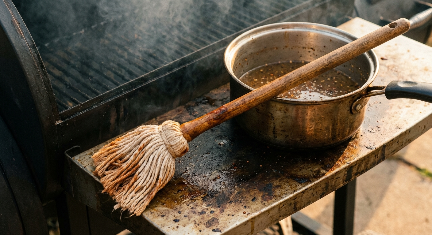 Traditional BBQ mop brush with wooden handle next to a metal pot of vinegar-based mop sauce on a smoker shelf
