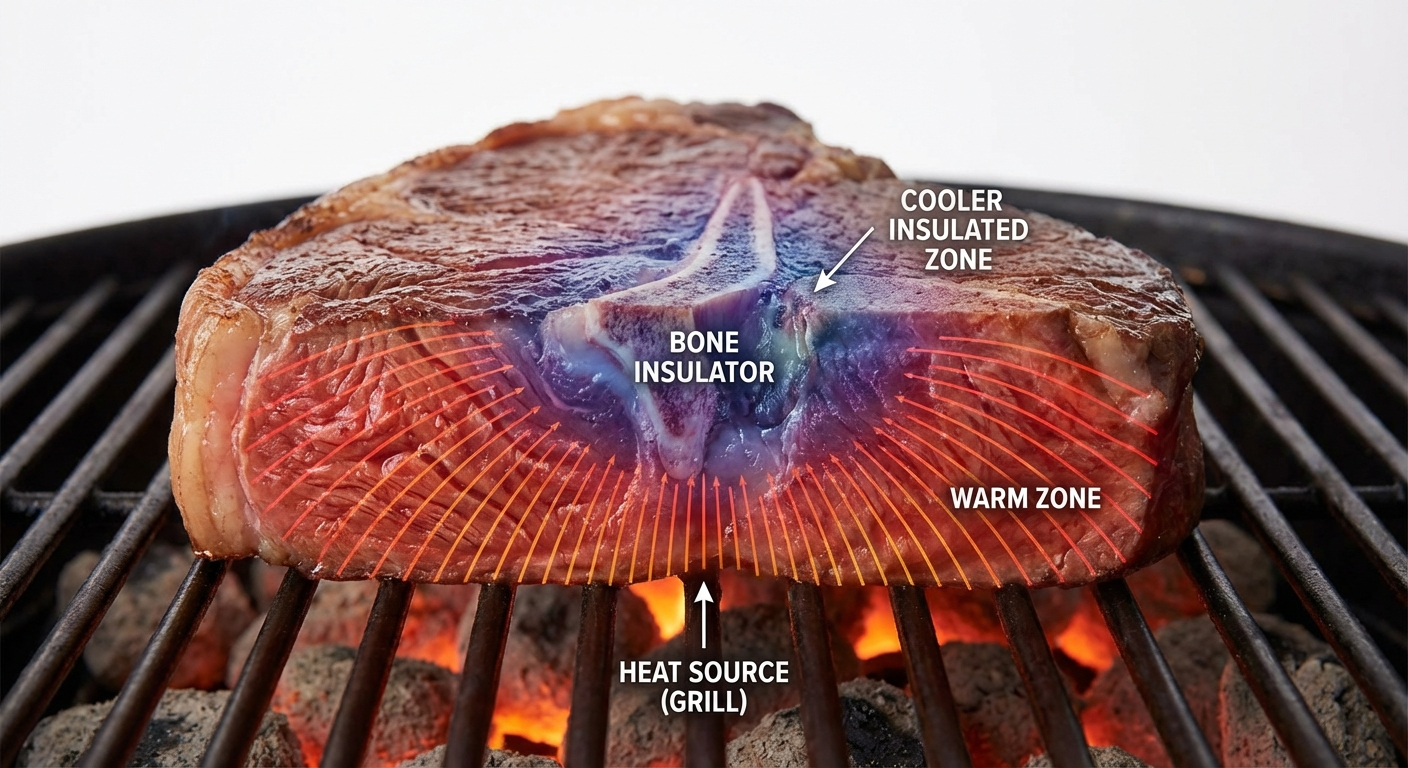 Cross-section of a bone-in steak showing how bone acts as a thermal insulator creating a temperature gradient during grilling