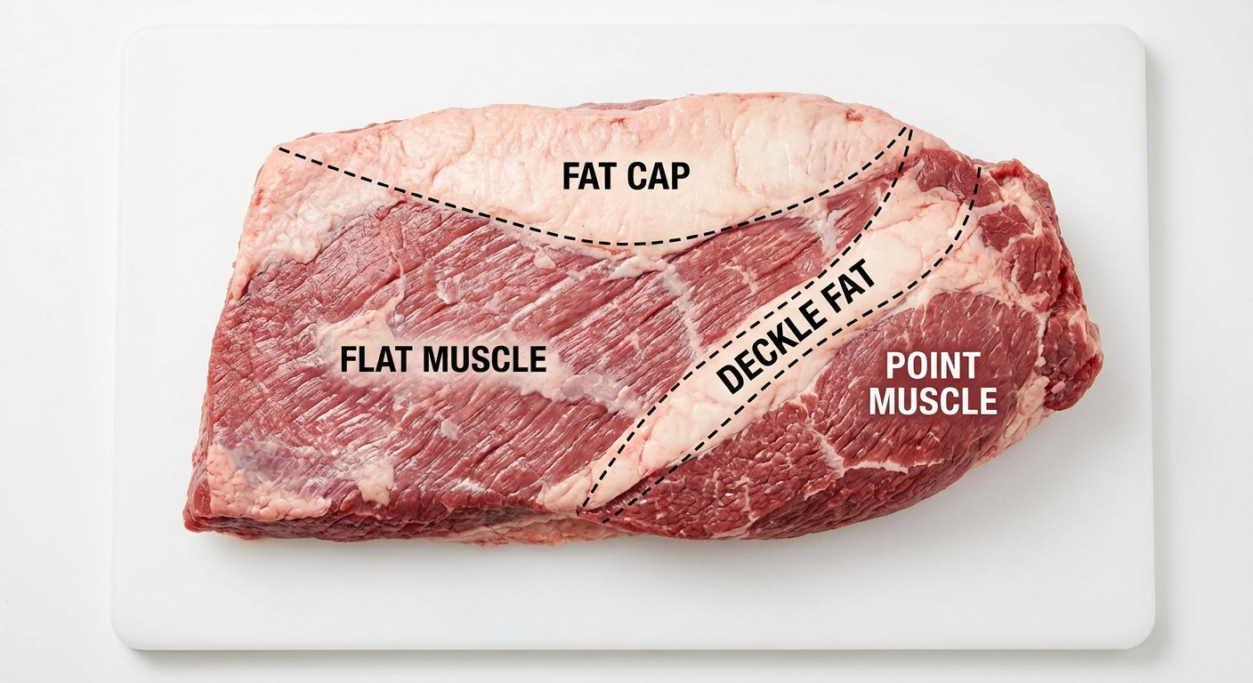 Anatomy of a whole packer brisket showing the flat and point muscles with fat layers