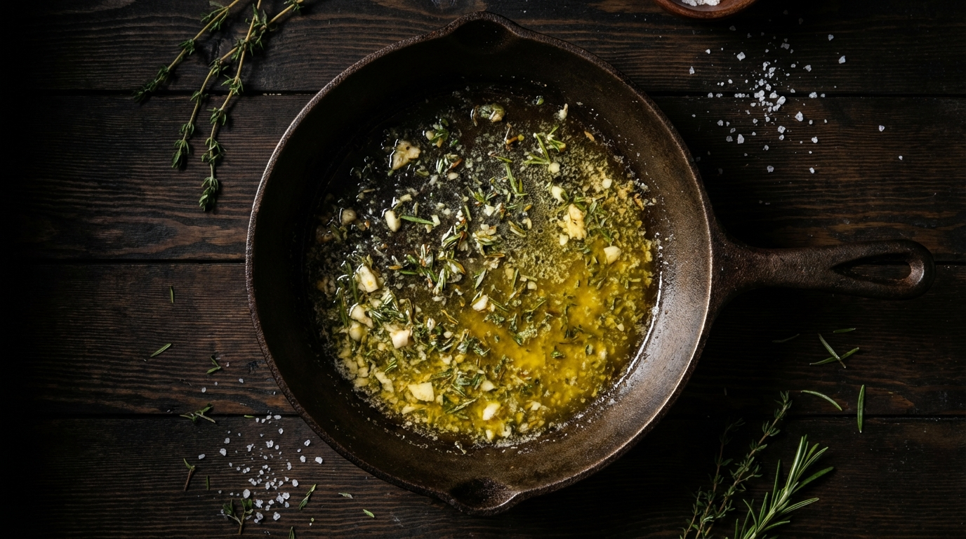 Compound butter with thyme and rosemary melting in cast iron pan creating golden aromatic butter pool