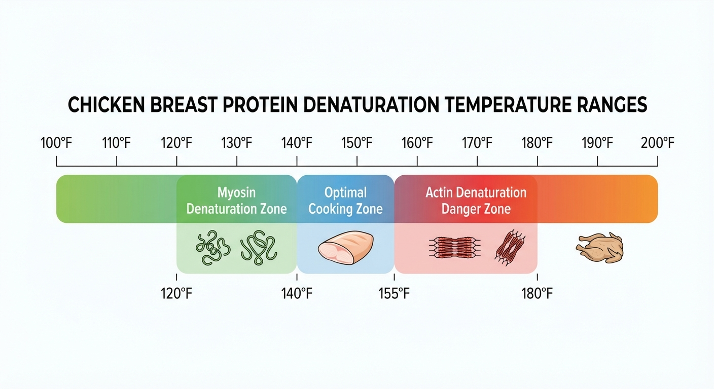 Temperature chart showing myosin and actin denaturation ranges in chicken breast from 120F to 180F
