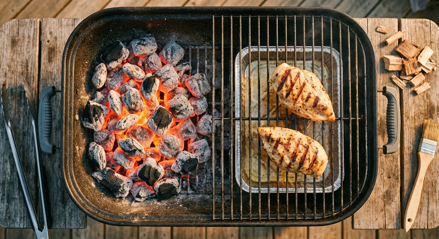 Overhead view of a charcoal grill with two-zone setup showing chicken breasts on the indirect heat side