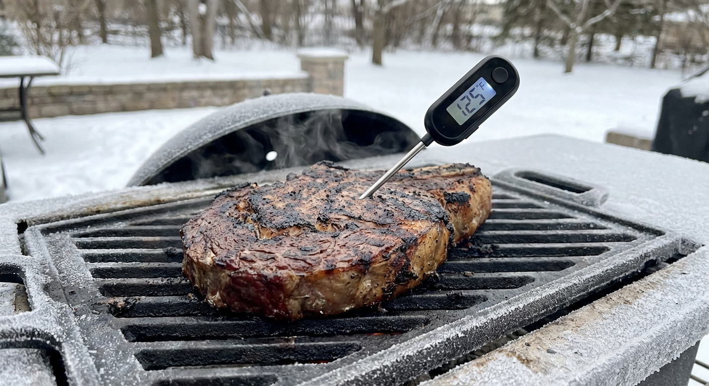Wireless meat thermometer probe in a ribeye steak on a grill grate in cold winter conditions with frost on the edges