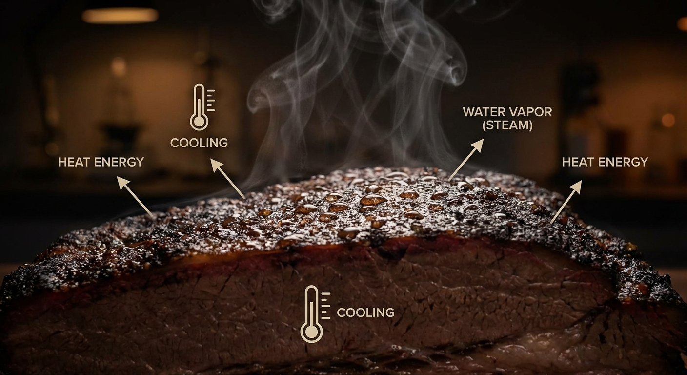Macro view of moisture droplets on a dark smoked brisket surface with steam rising showing evaporative cooling