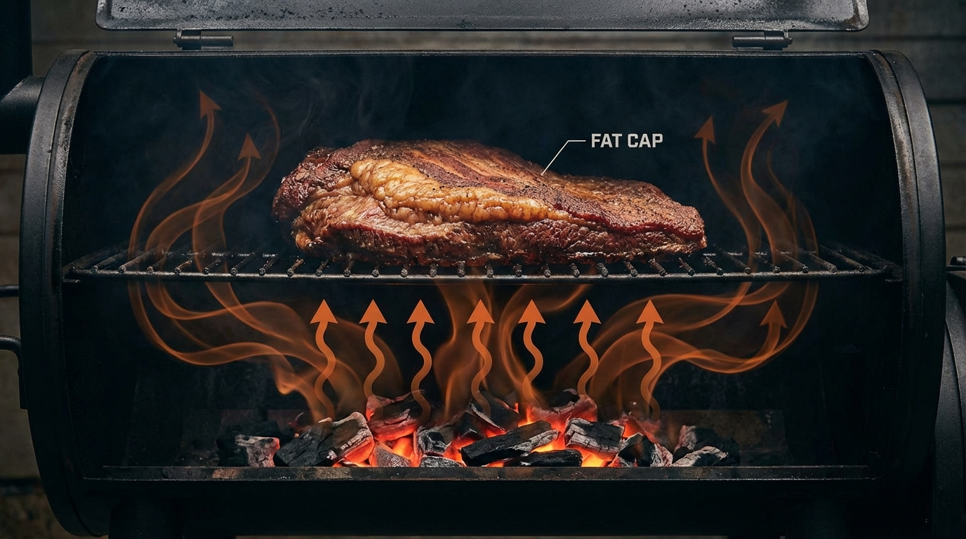 Heat convection currents flowing upward inside a smoker toward the fat cap side of a brisket