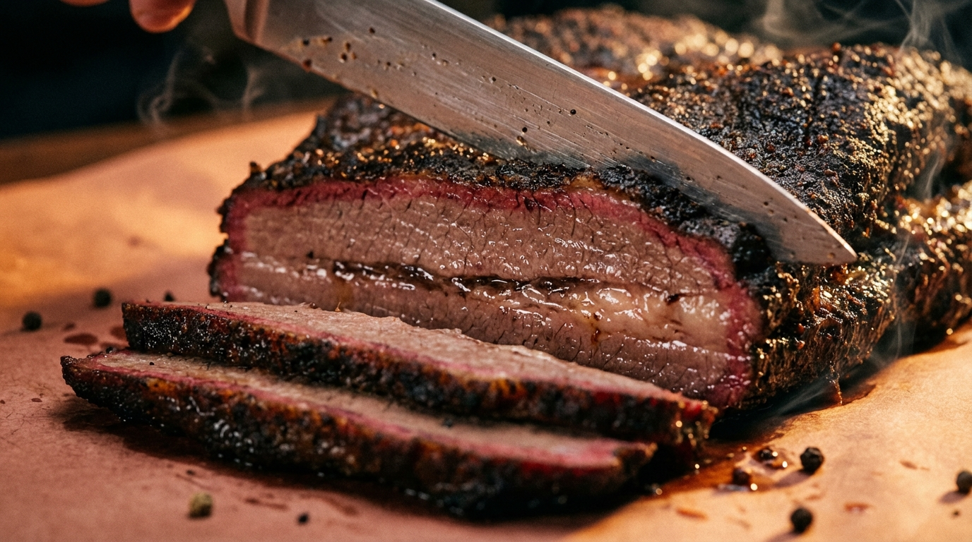 Smoked brisket sliced to reveal moist interior with perfect smoke ring and dark bark crust