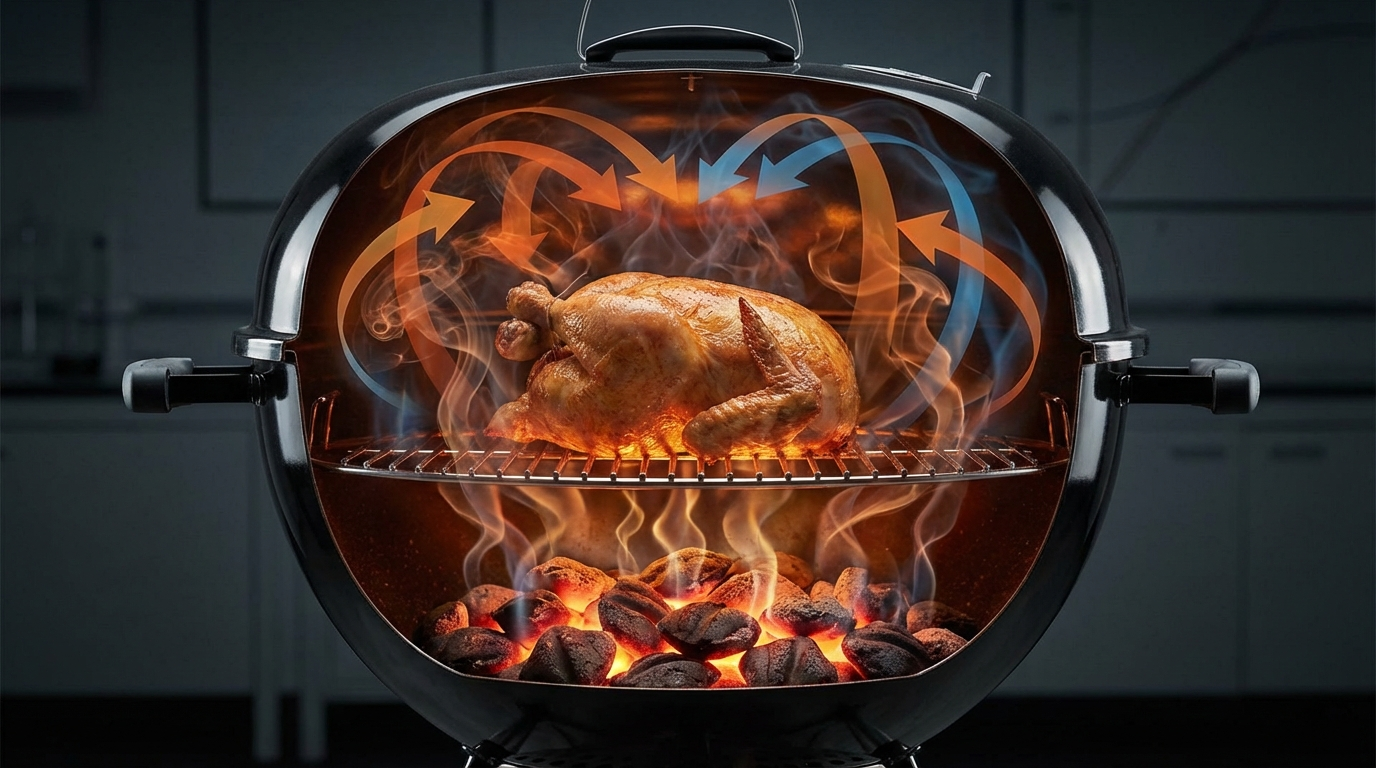Charcoal kettle grill with closed lid showing convection heat currents circulating around food