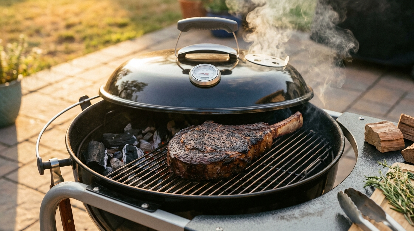 Thick tomahawk ribeye on kettle grill with closed lid and thermometer showing 350 degrees