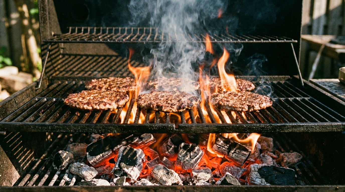 Thin burger patties searing on open charcoal grill with direct radiant heat and visible flames