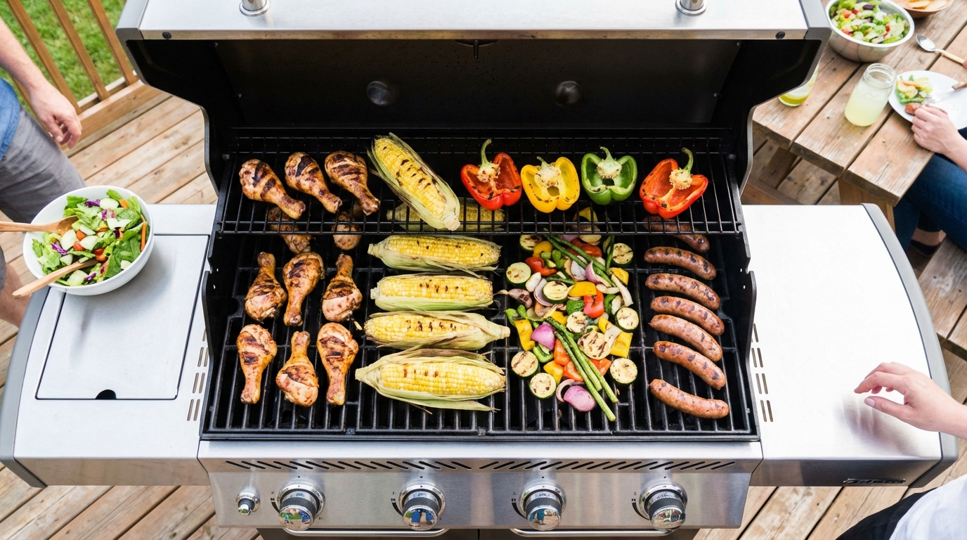 Gas grill with various foods cooking including chicken drumsticks corn peppers and sausages