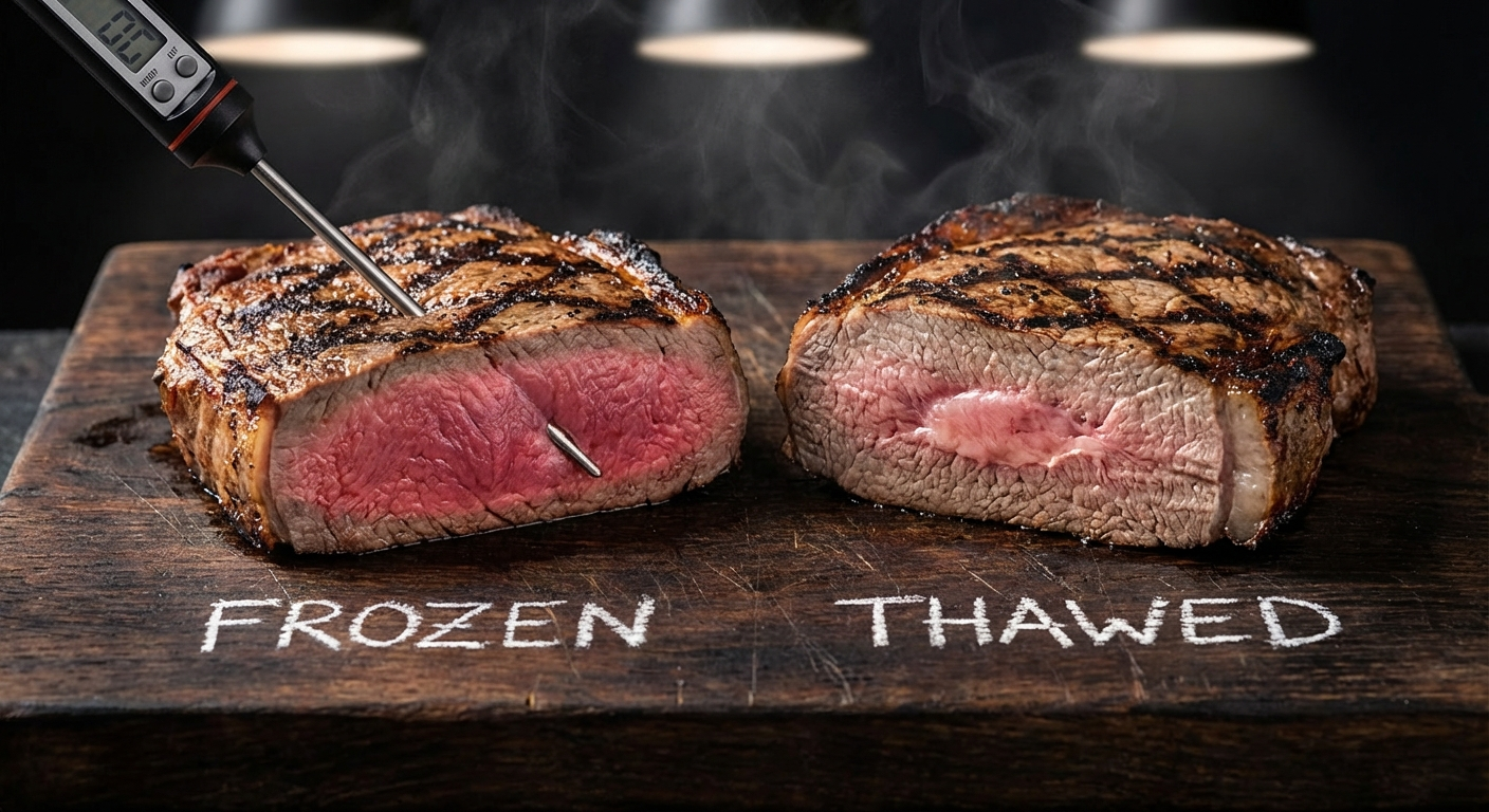 Cross-section comparison of grilled steak from frozen versus thawed showing thinner gray band on frozen steak