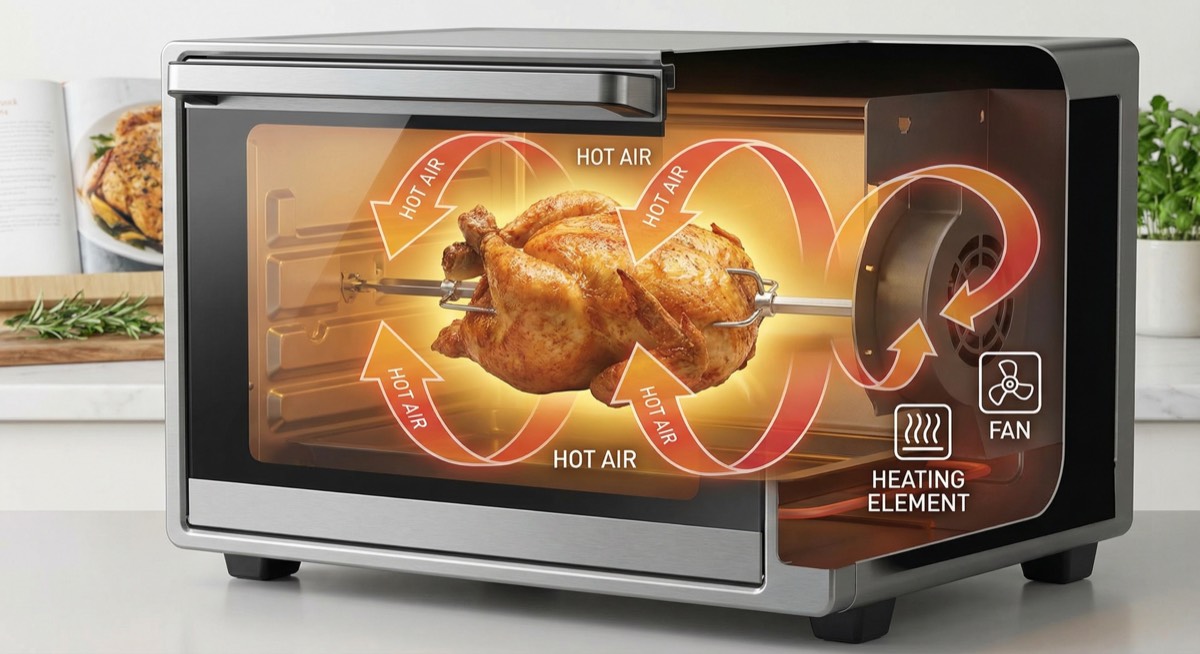 Diagram showing hot air circulation patterns inside a closed grill lid