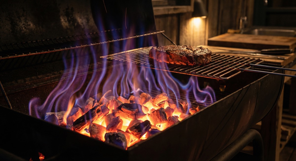 Infrared image showing radiant heat waves emanating from glowing charcoal