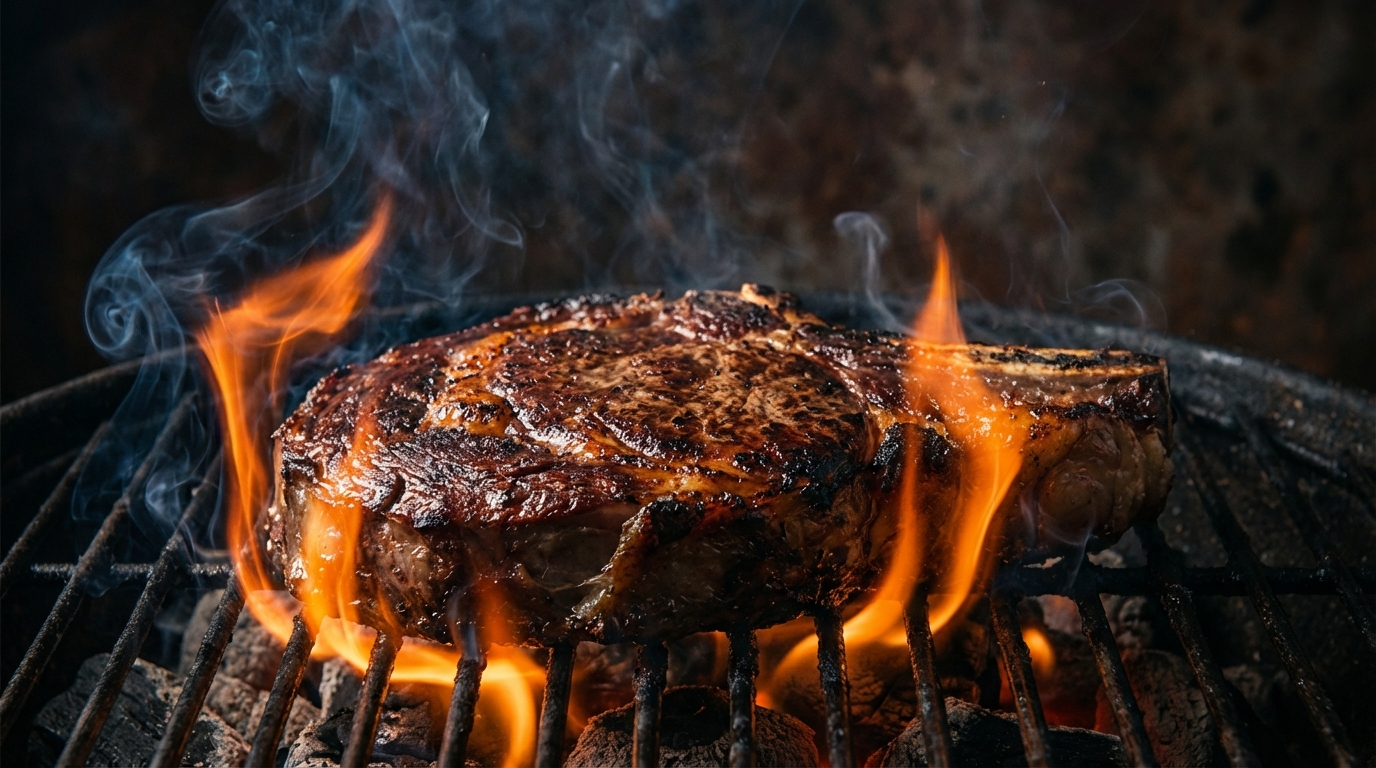 Thick ribeye steak being seared over direct high heat on a charcoal grill with dramatic flames and golden-brown crust forming