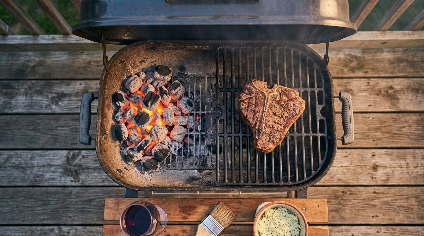 Charcoal grill with two-zone setup and thick porterhouse steak on the indirect cool side