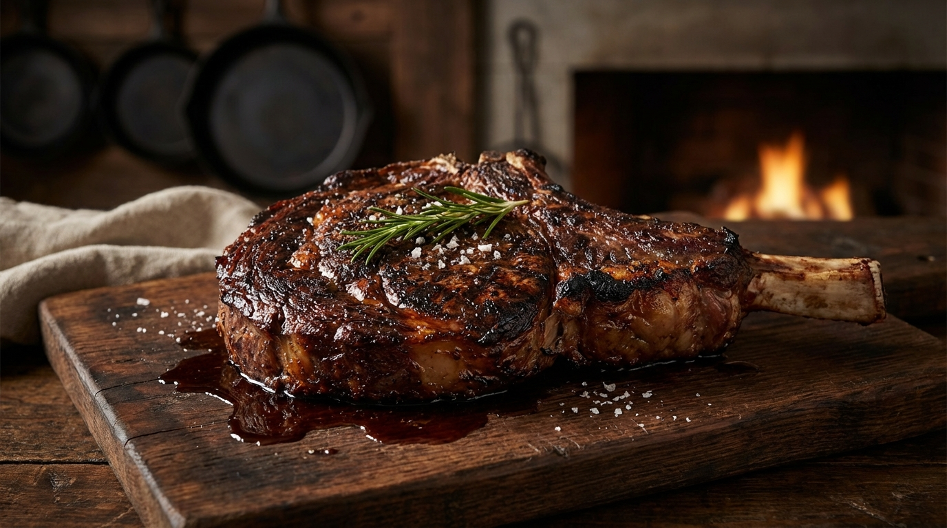 Thick bone-in ribeye steak resting on a dark wooden cutting board after grilling with juices pooling and charred crust visible