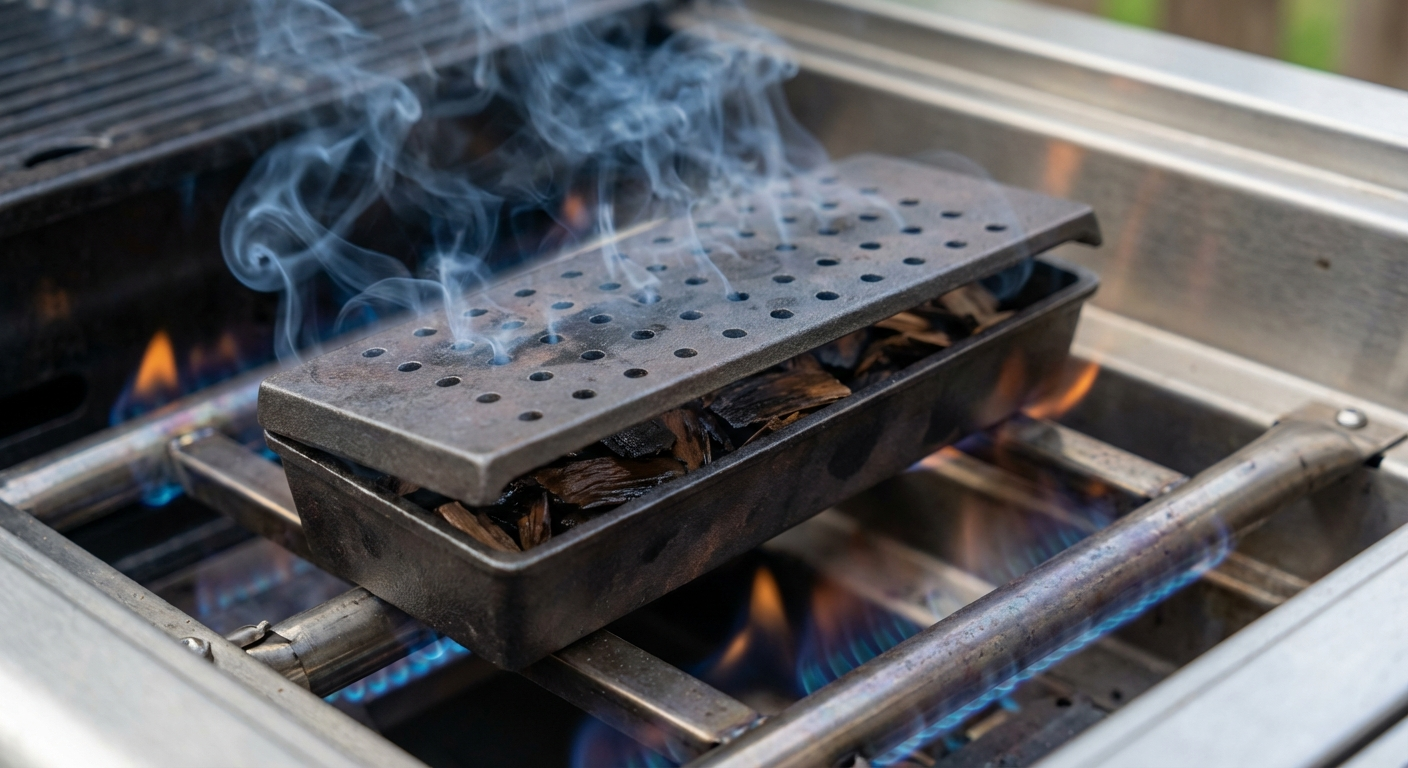 Close-up of a cast iron smoker box filled with wood chips sitting on gas grill burners with smoke rising