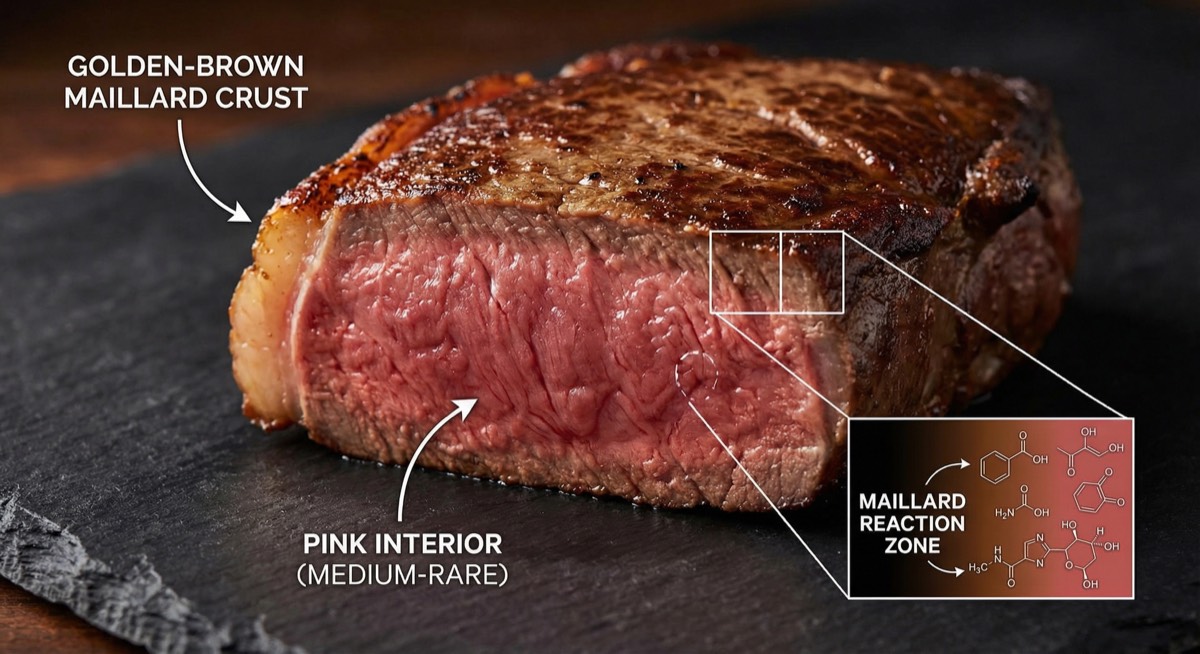 Close-up of Maillard reaction browning on steak crust showing caramelized proteins and flavor compound formation