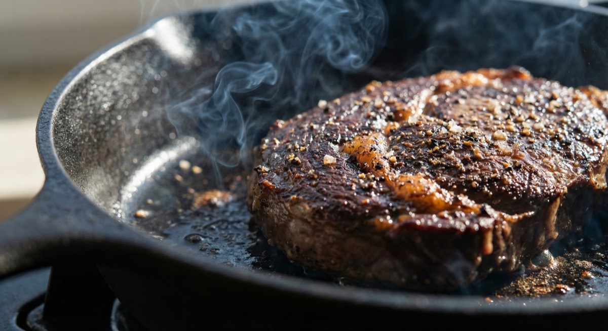 Close-up of a deeply seared steak crust showing the rich brown Maillard reaction on a hot cast iron grill