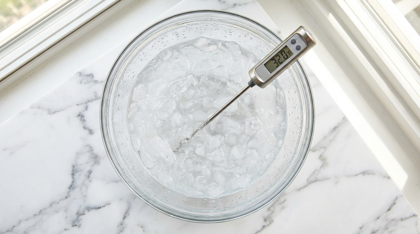 Instant-read meat thermometer submerged in an ice bath calibration setup with crushed ice and water in a glass bowl