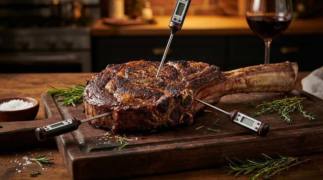 Thick tomahawk ribeye with thermometers inserted at different angles demonstrating proper and improper placement technique