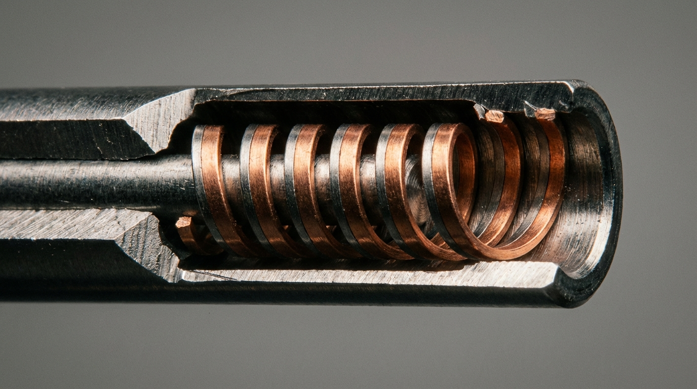 Cross-section view of a bimetallic thermometer probe tip showing the dual-metal sensor strip