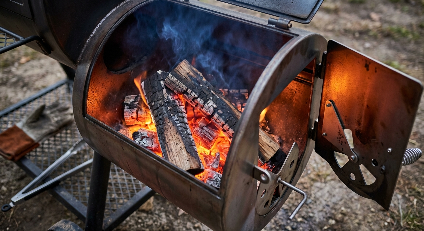Close-up of offset smoker firebox with glowing hardwood coals and intake vent damper
