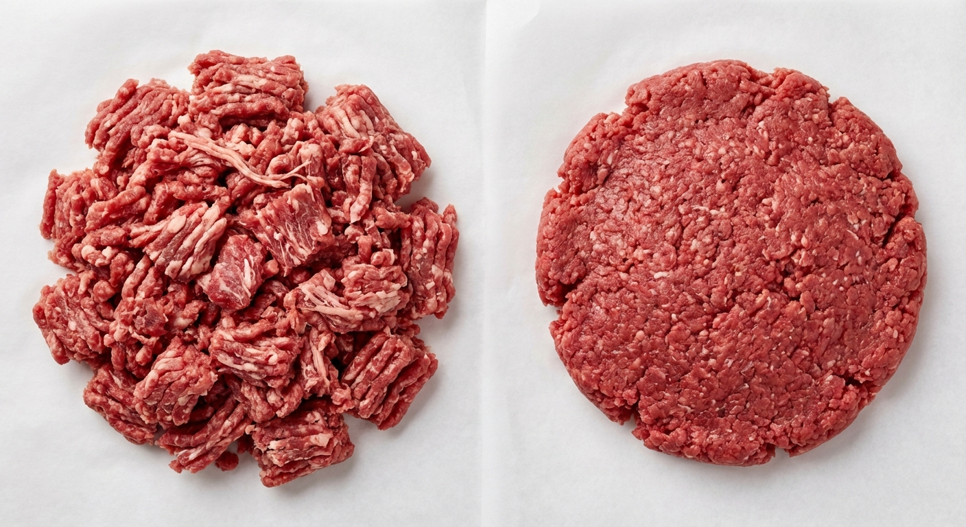 Comparison of coarse ground beef versus fine ground beef for burger patties showing texture difference