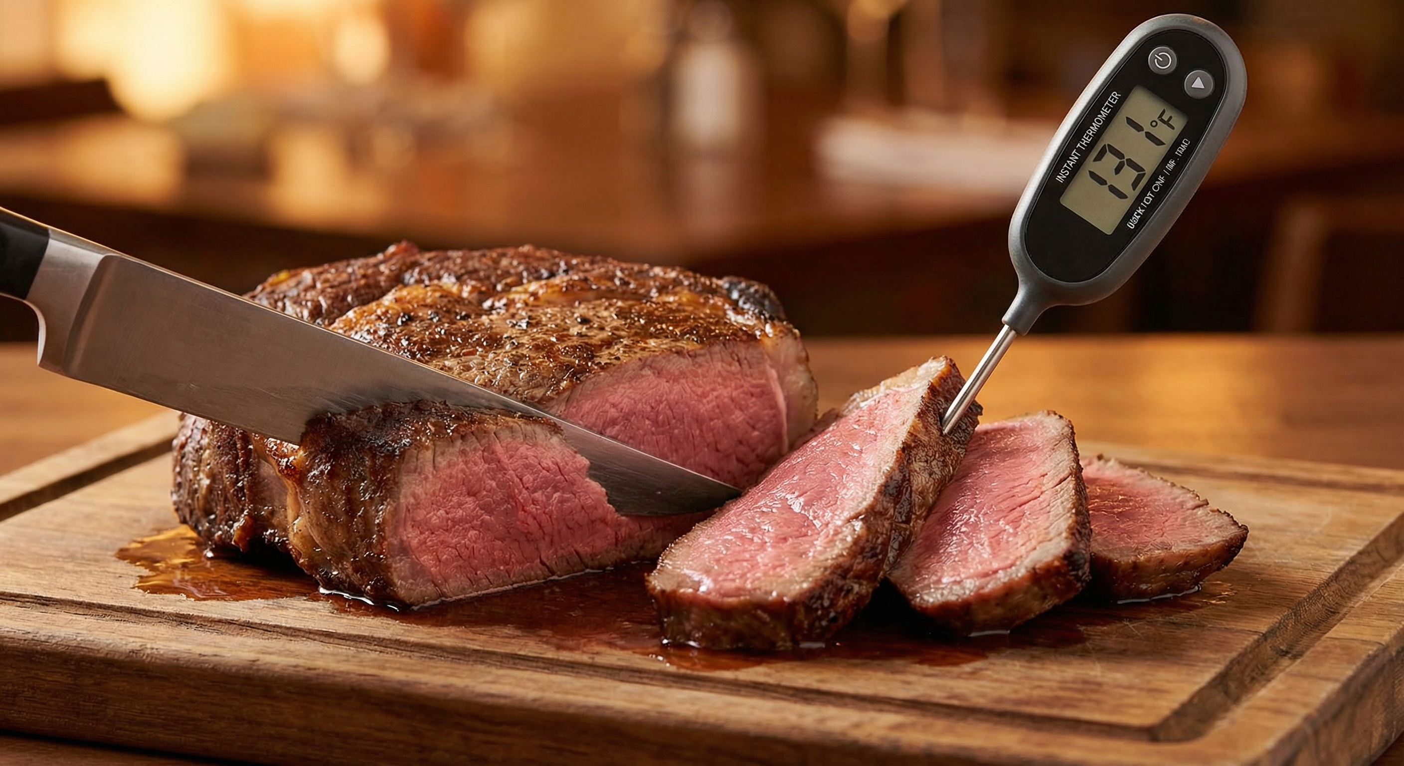Sliced reverse sear ribeye steak showing perfect edge-to-edge medium rare with no gray band and thermometer reading 131 degrees