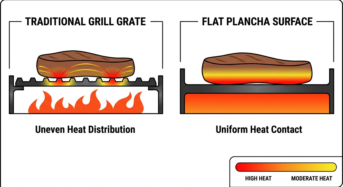 Side-view scientific diagram comparing grill grate with uneven contact points versus flat plancha surface showing uniform heat contact and temperature gradient visualization