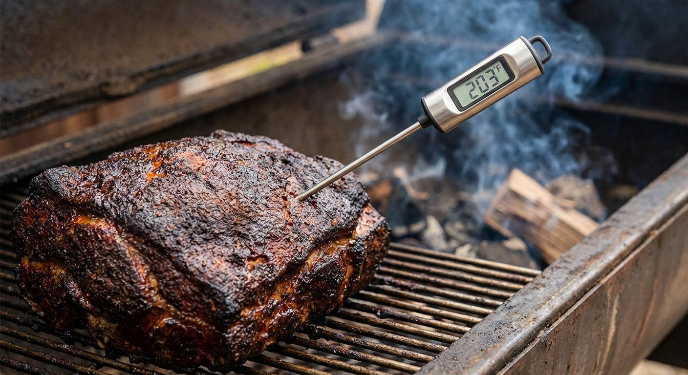 Digital meat thermometer probe inserted into a pork butt on a smoker showing 203 degrees Fahrenheit