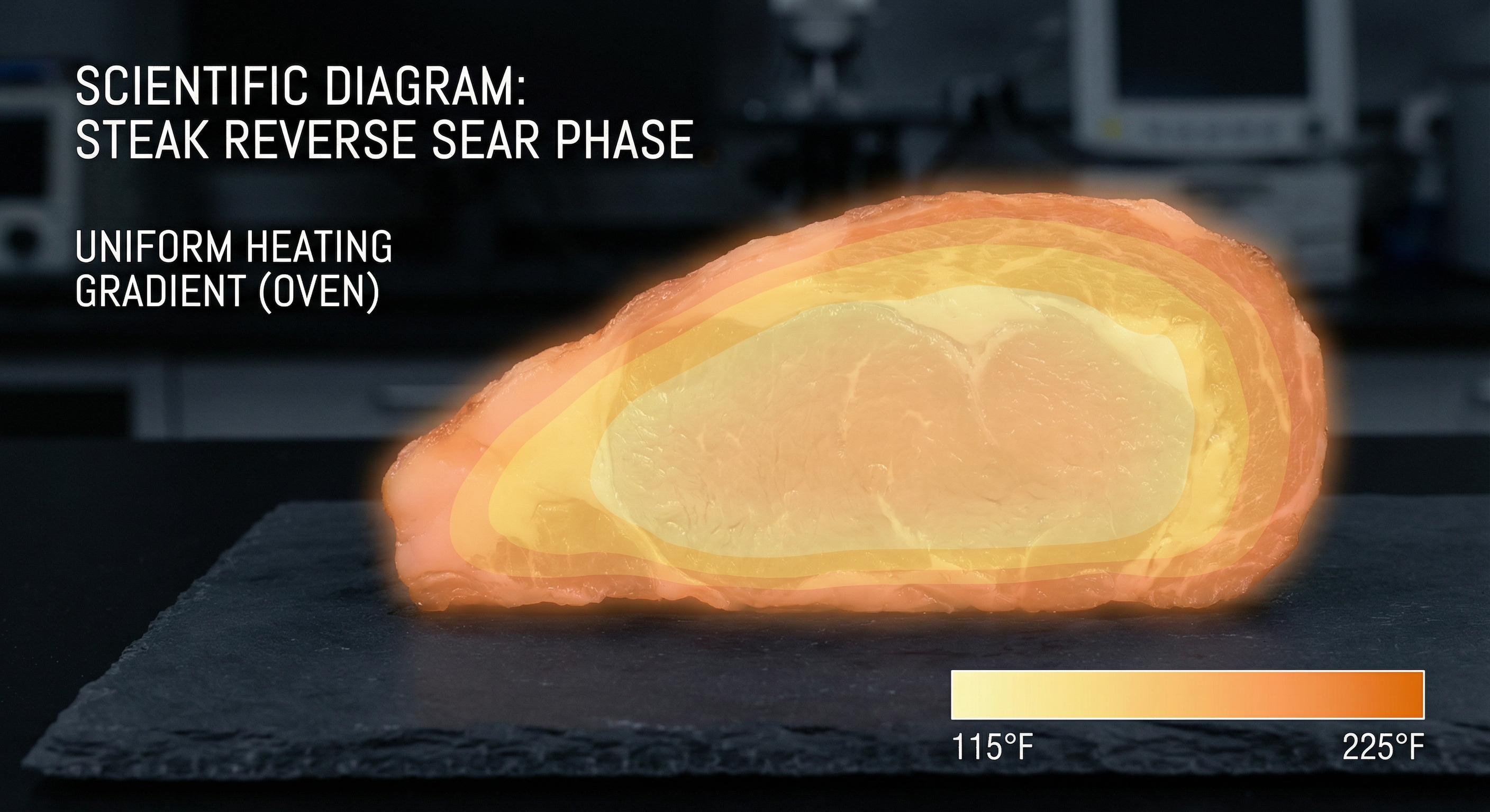 Cross-section comparison of traditional sear vs reverse sear showing gray band reduction