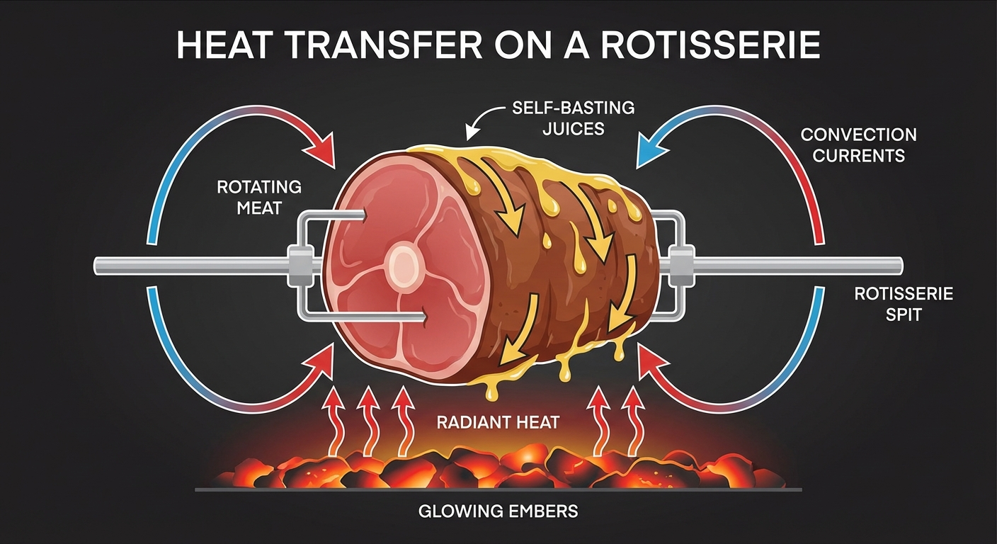 Diagram showing heat transfer mechanisms during rotisserie grilling including convection currents, radiant heat, and self-basting flow