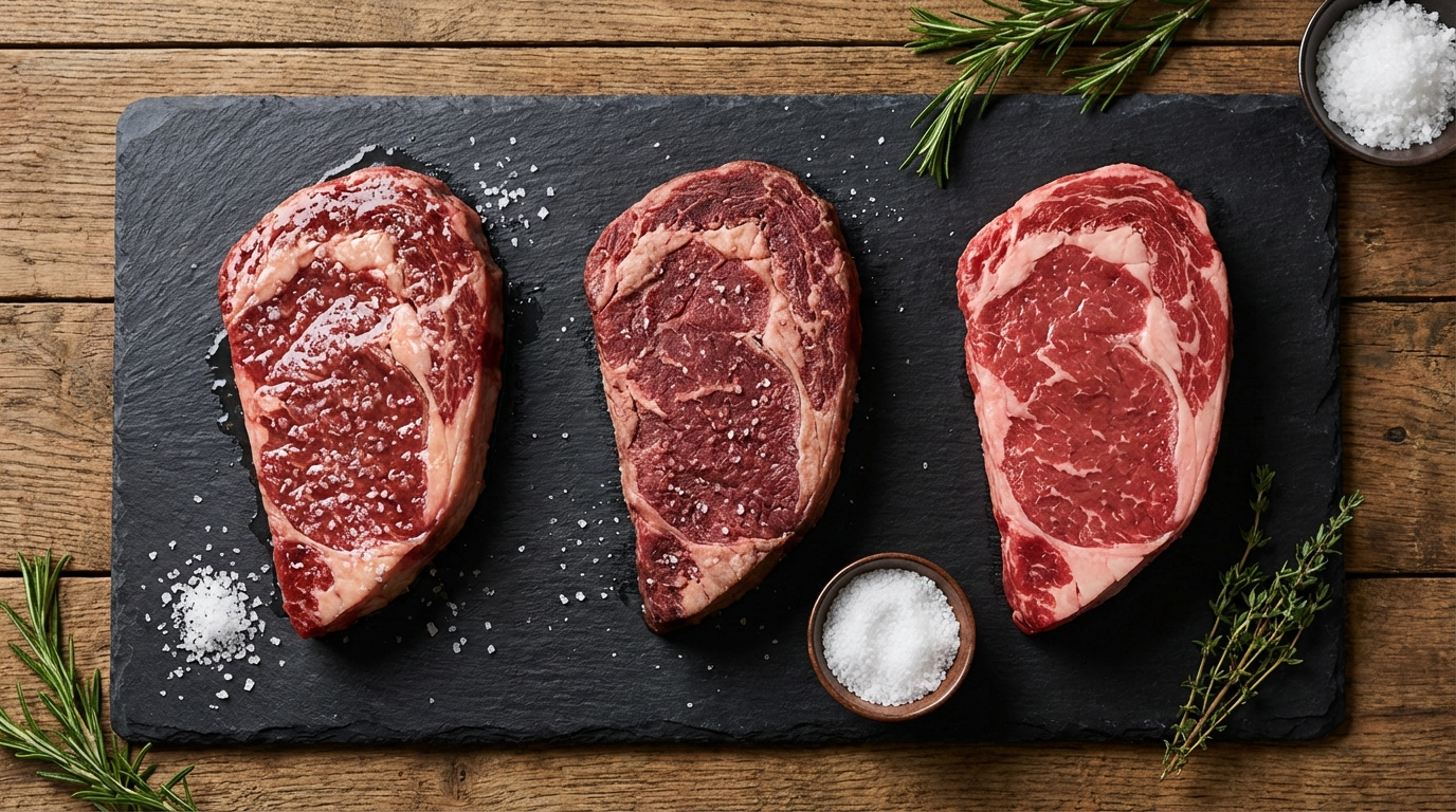 Three steaks side by side showing immediate salting, 40-minute salting, and overnight dry-brine methods