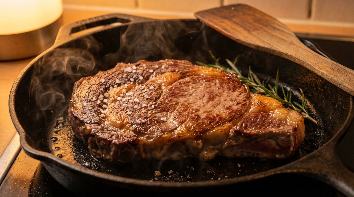 Perfectly seared ribeye showing golden-brown dry-brined crust from overnight salt exposure