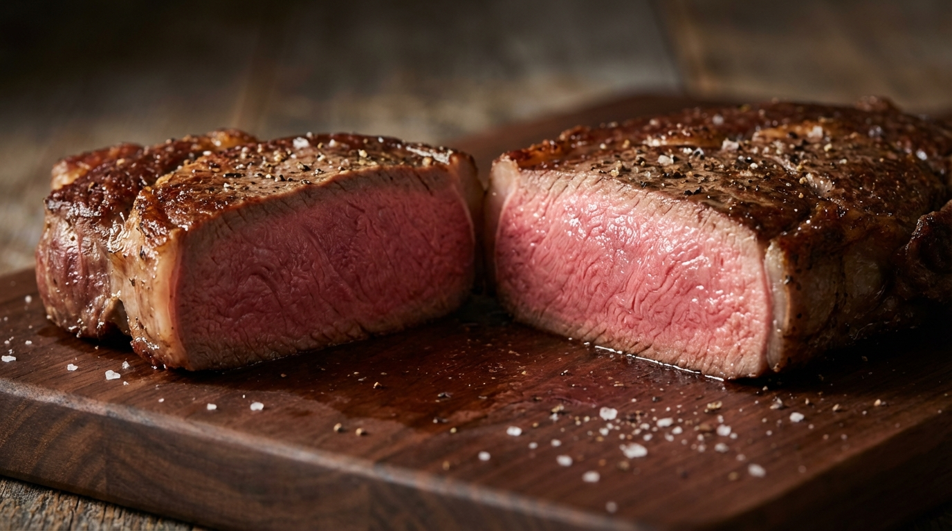 Sous vide steak sliced to show perfect edge-to-edge medium-rare with no gray band