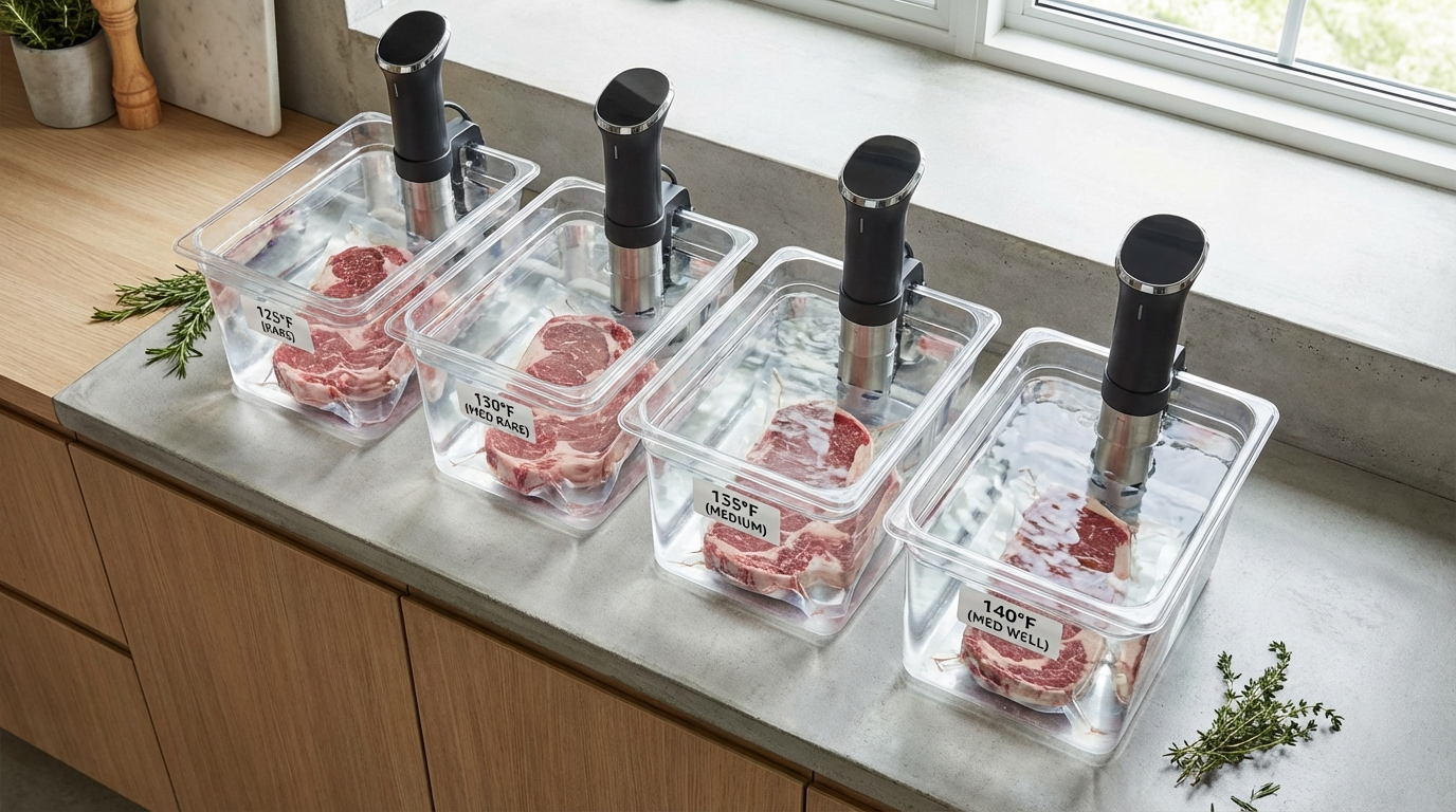 Four steaks at different sous vide temperatures showing color progression from rare to well-done