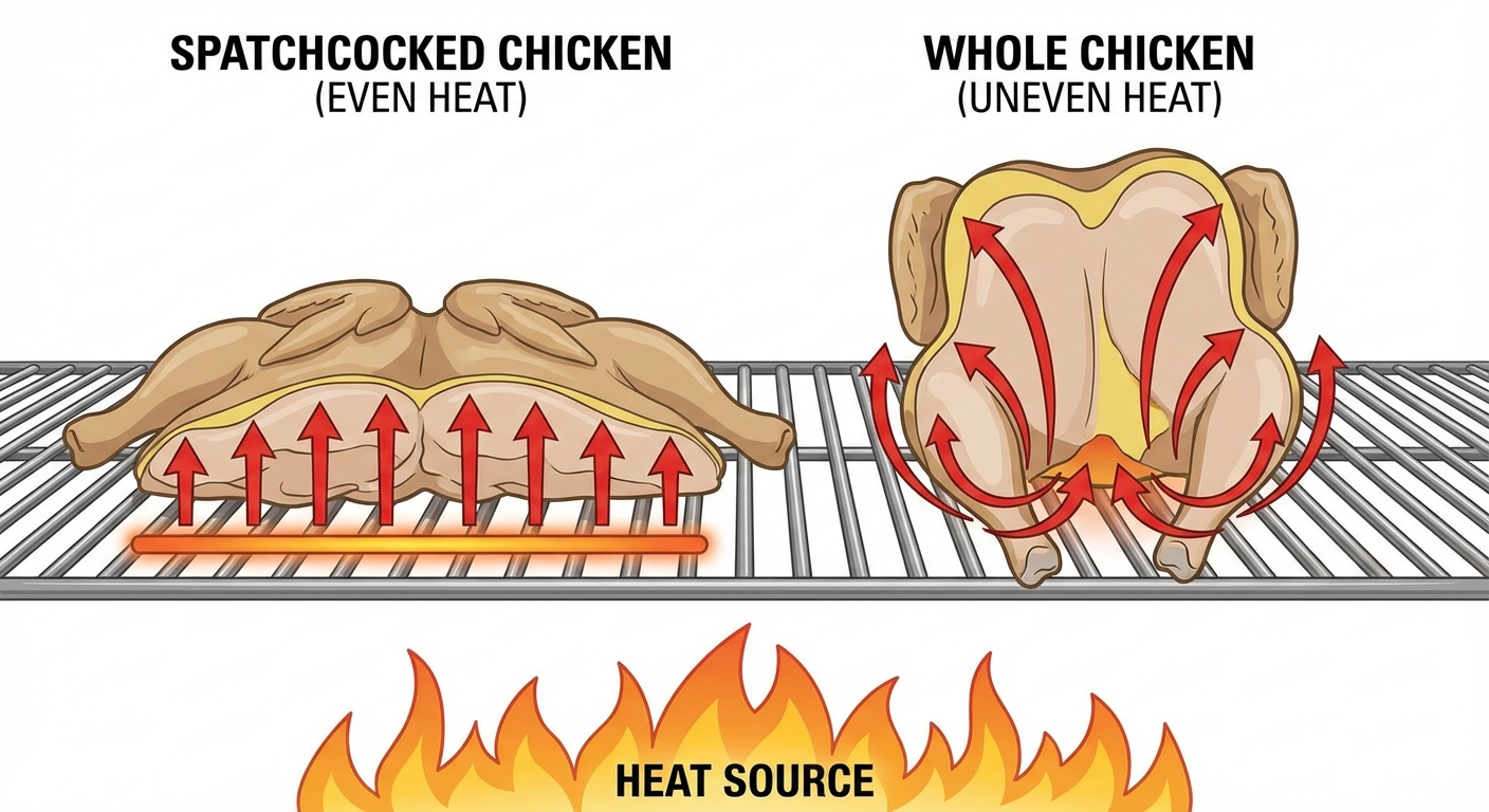 Spatchcocked chicken flat on a grill compared to a whole upright chicken showing even versus uneven heat distribution
