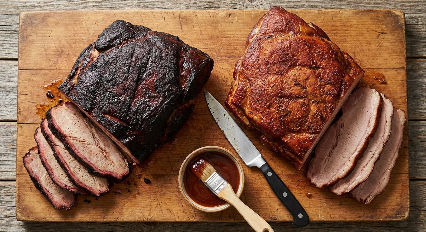 Side by side comparison of two smoked pork shoulders showing different bark colors and textures
