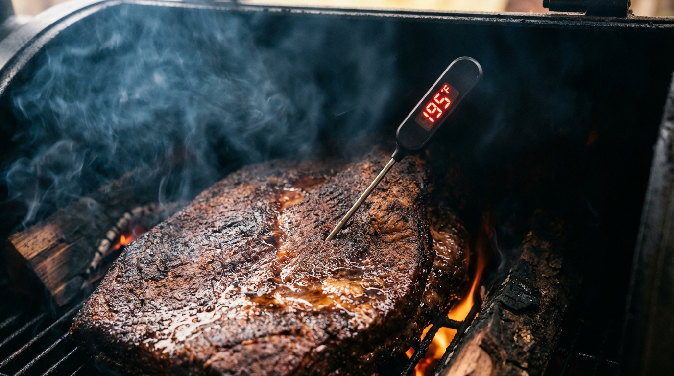 Digital meat thermometer probe inserted into brisket inside a smoker showing temperature plateau