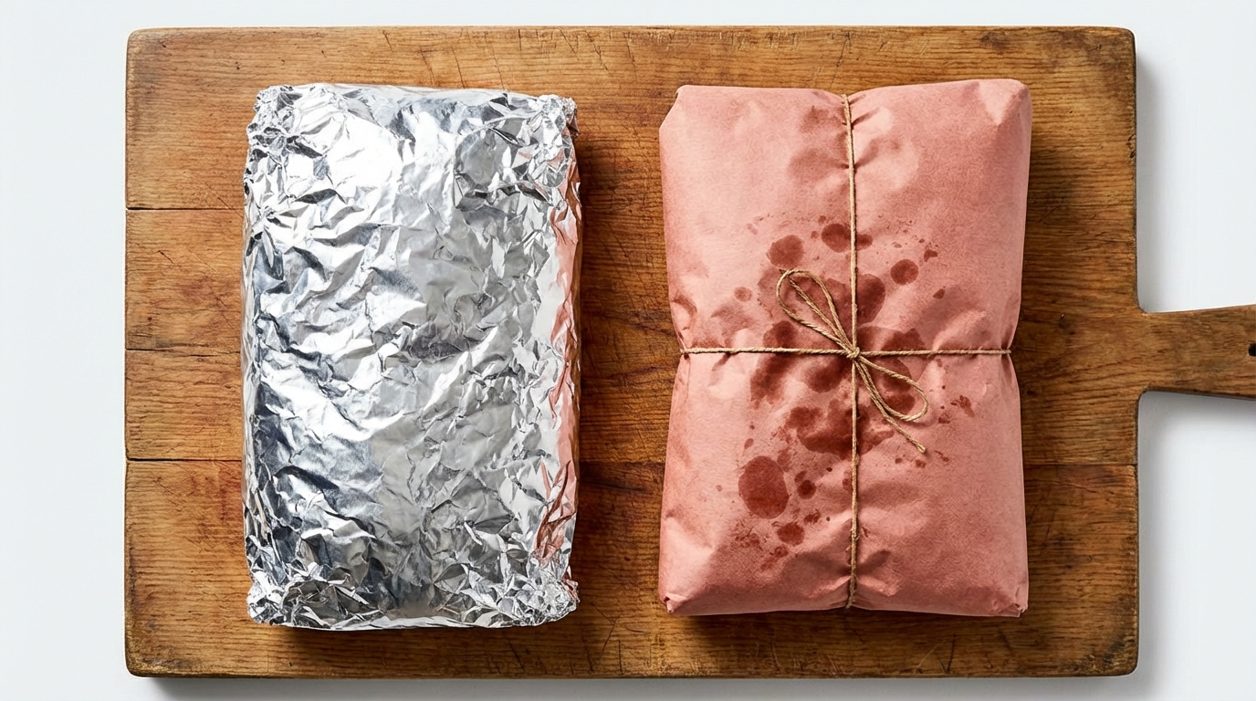 Side-by-side comparison of aluminum foil wrap and pink butcher paper wrap for brisket on a cutting board