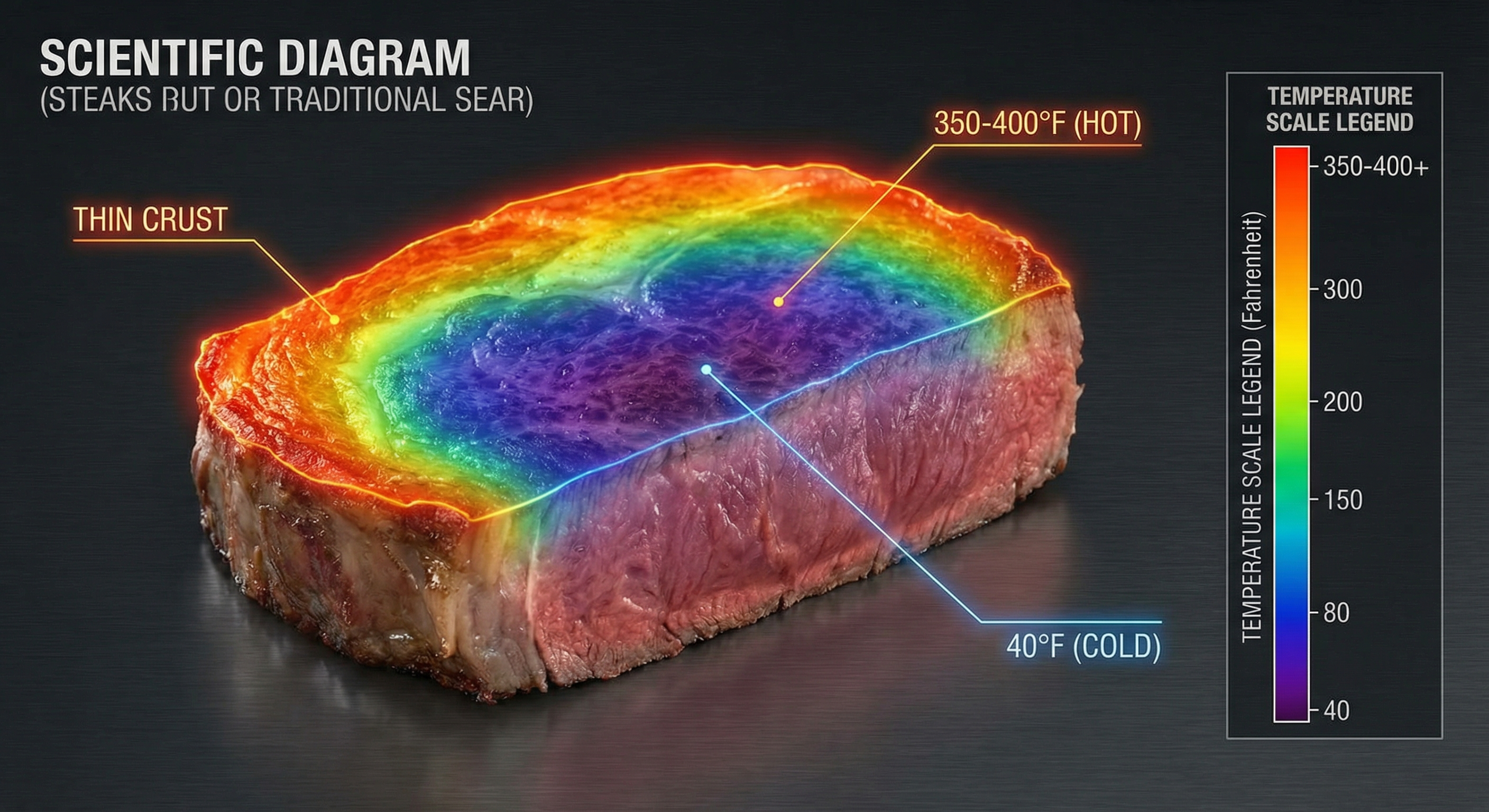 Temperature gradient visualization of traditional sear showing steep heat differential from surface to center