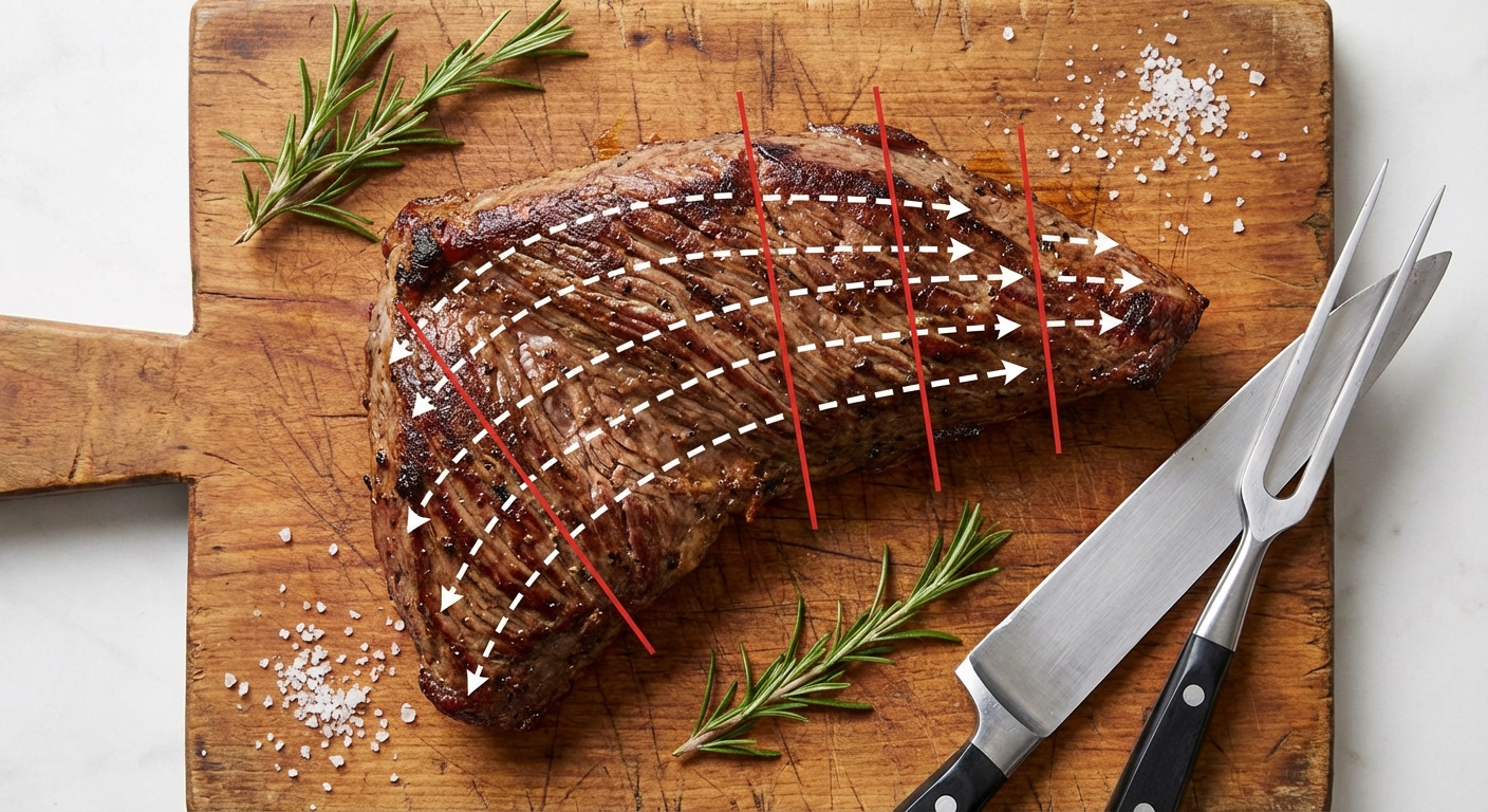 Overhead view of tri-tip showing triangular shape and grain direction for proper slicing
